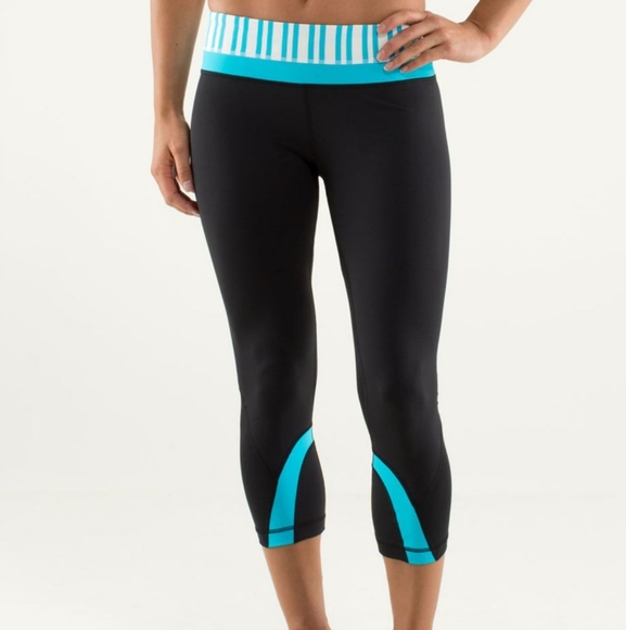 lululemon athletica Pants - Lululemon Run: Women's Inspire Crop II Black Twin Stripe Spry Blue Spry Blue XL